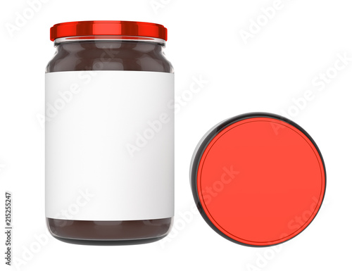 Pack of Glass jars with red cap filled with chocolate spread. Clipping path. Empty label.