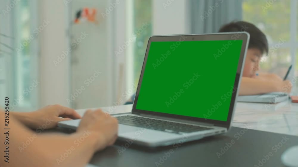 Woman working at home on with laptop green screen Woman working at home on with laptop green screen