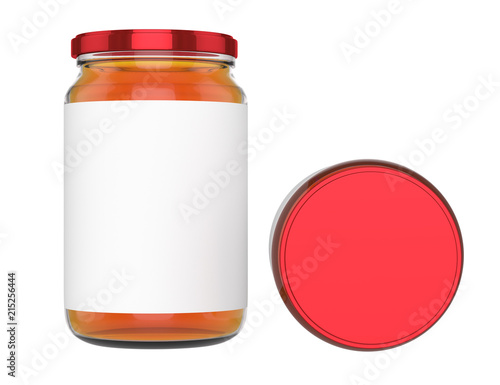3D realistic render of honey jar mock-up. blank Label. Red lid.
