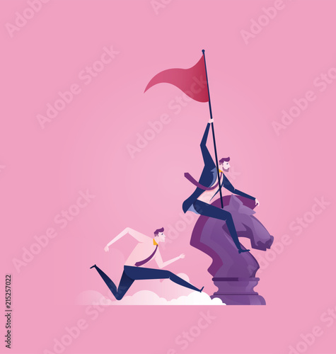 businessman riding a chess horse with flag in hand. Business fighting, strategy, competition, Leadership, concept.