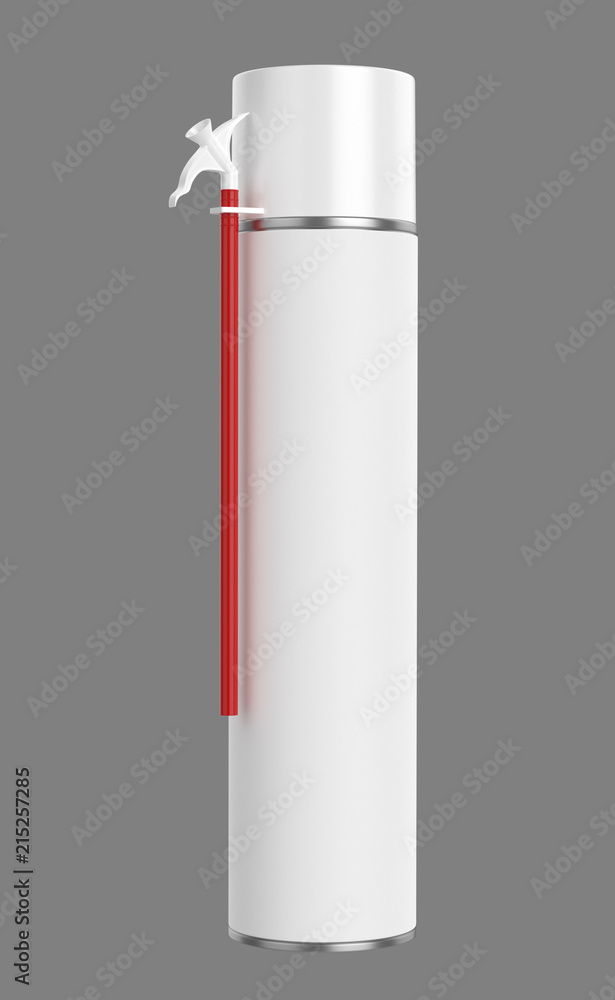 3D realistic render of small contstruction foam can. With white lid, transparent spray nozzle and red hose. Isolated on gray background. 3D realistic render of small contstruction foam can. With white lid, transparent spray nozzle and red hose. Isolated on gray background.