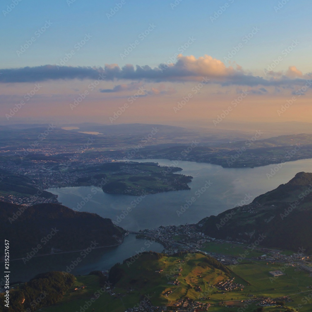 Obraz premium Lucerne at sunrise, view from mount Stanserhorn. 