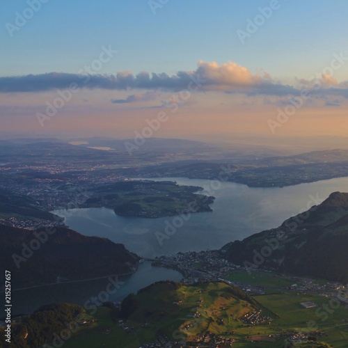 Lucerne at sunrise, view from mount Stanserhorn. 