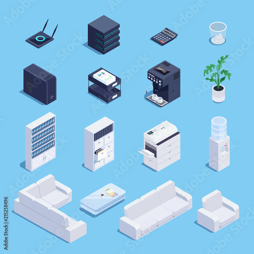 Isometric set of office equipment and furniture.