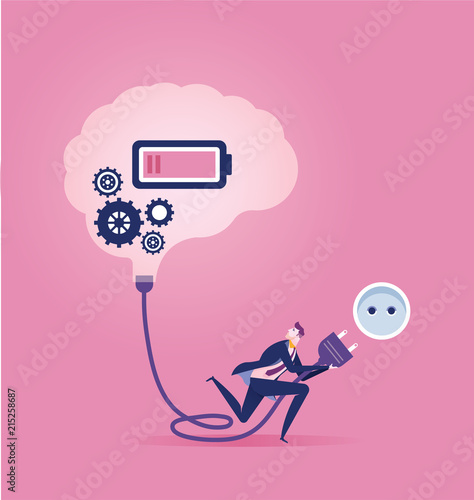 Connection. Businessman switching on a brain. Business concept vector illustration