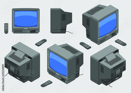 Old fashioned gray TV with remote control; Isometric television set with blue screen shown from different sides flat design