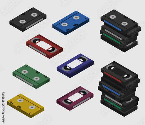 Colorful VHS video tape cassette isometric; Pile of VHS shown from different sides flat design 
