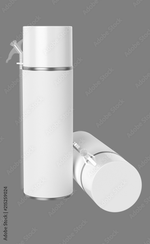 3D realistic render of small contstruction foam can. With white lid, transparent spray nozzle and transparent hose. Isolated on gray background. 3D realistic render of small contstruction foam can. With white lid, transparent spray nozzle and transparent hose. Isolated on gray background.