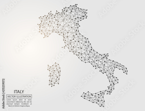 A map of Italy consisting of 3D triangles, lines, points, and connections. Vector illustration of the EPS 10.