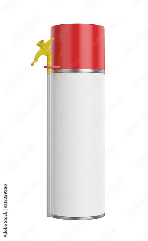 3D realistic render of small contstruction foam can. With red lid, yellow spray nozzle and transparent hose. 3D realistic render of small contstruction foam can. With red lid, yellow spray nozzle and transparent hose.