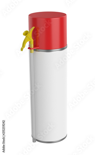 3D realistic render of small contstruction foam can. With red lid, yellow spray nozzle and transparent hose.