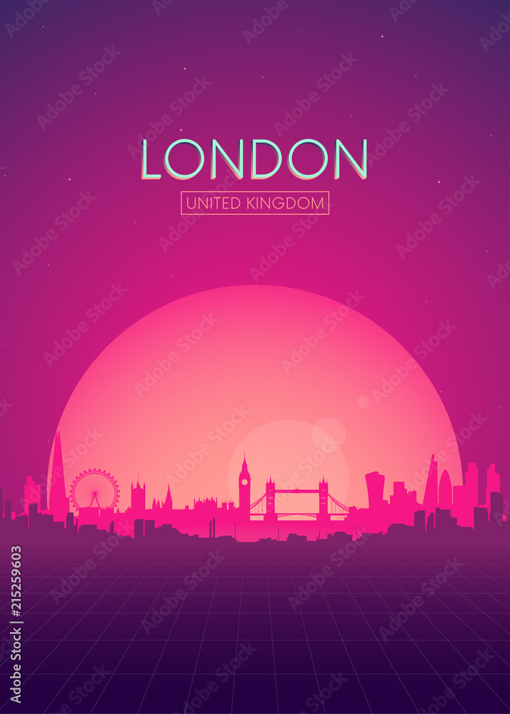 Naklejka premium Podróże ilustracje wektorów plakat, futurystyczny retro panoramę Londynu