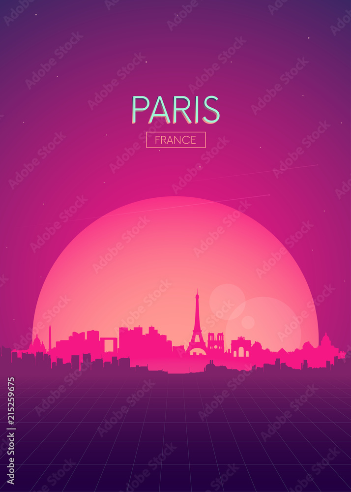 Fototapeta premium Podróże ilustracje wektorów plakat, futurystyczny retro skyline Paryż