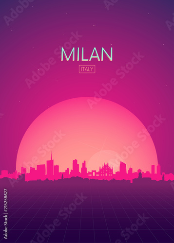 Travel poster vectors illustrations, Futuristic retro skyline Milan