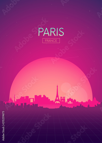 Travel poster vectors illustrations, Futuristic retro skyline Paris