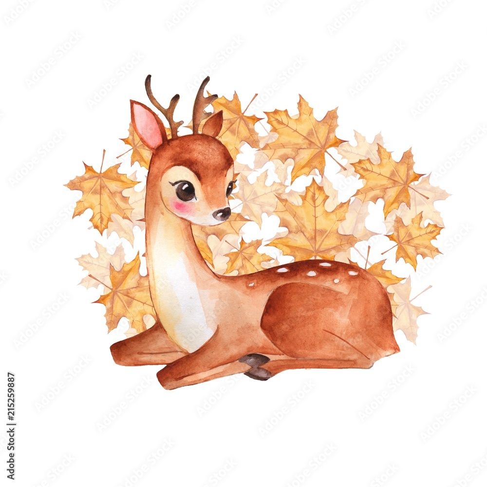 Fototapeta premium Baby Deer. Cute fawn. Autumn illustration
