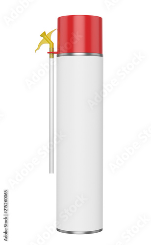 3D realistic render of big contstruction foam can. With red lid, yellow spray nozzle and transparent hose. Isolated on white background.