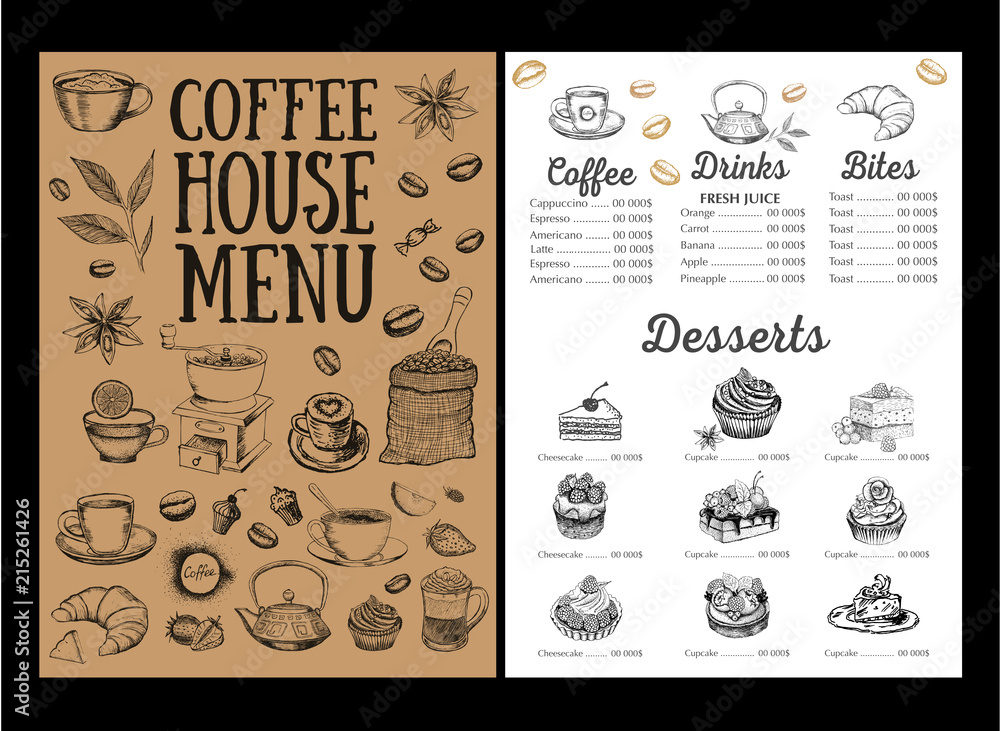 Coffee house menu. Restaurant cafe menu, template design. Food flyer.