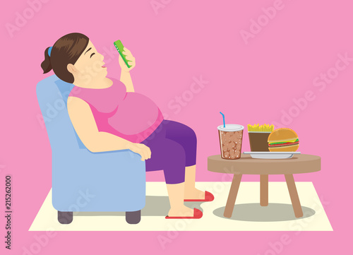Fat woman using Smartphone on a chair and fast food on table. Illustration about unhealthy lifestyle.