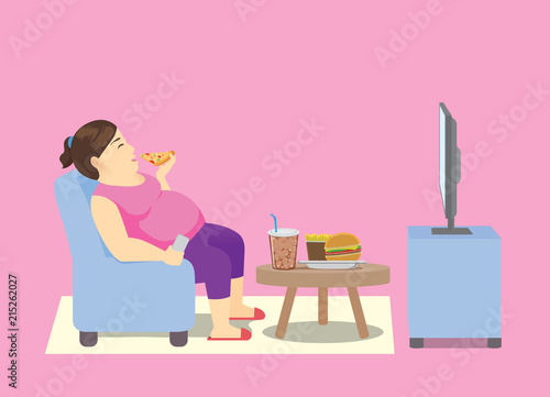 Fat woman eating fast food on sofa and watching television in the living room. Illustration about cause of obesity and overweight.