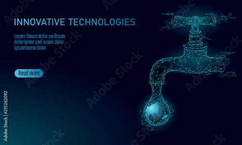 Save water low poly concept. Polygonal triangle ecology planet ocean sea safety banner. Water tap drop leak fix nature global environment care world day vector illustration