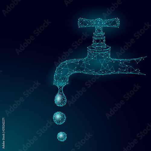 Save water low poly concept. Polygonal triangle ecology planet ocean sea safety banner. Water tap drop leak fix nature global environment care world day vector illustration