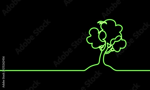 Single continuous line art growing sprout. Green neon light banner. Plant leaves seed grow soil seedling eco natural farm concept design one sketch outline drawing vector illustration