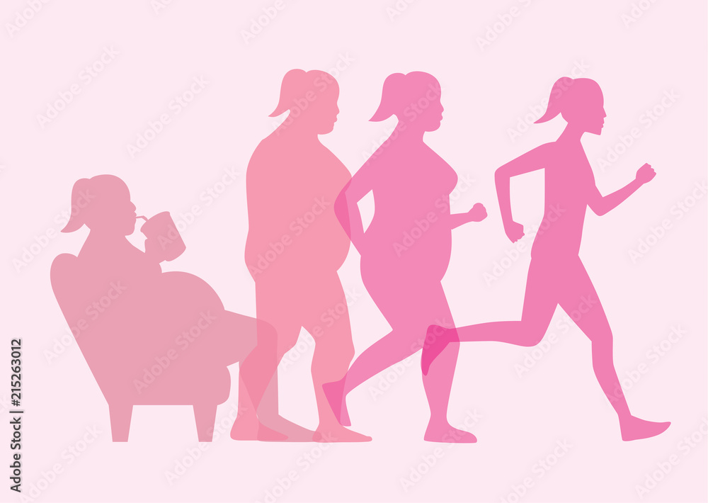 Fat woman stand up from sofa for loss weight with jogging. This illustration about workout concept.
