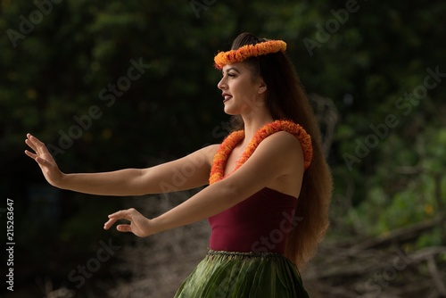 Hawaii hula dancer dancing in costume