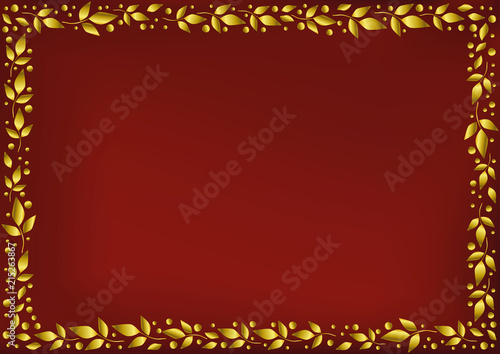 Red background stylized as red velvet with decorative frame of golden leaves and dots for decoration, scrapbooking paper, wedding invitation, greeting card, text, family tree, certificate, diploma