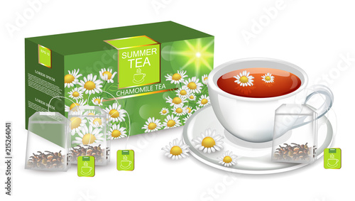 Chamomile tea Vector realistic. Product packaging mock up. Cup of tea and tea...