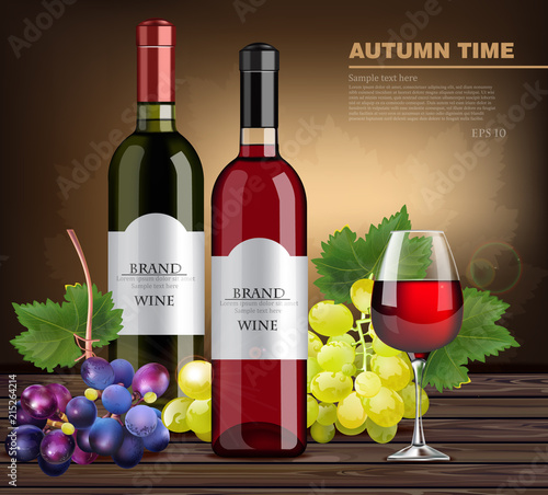 Wine bottles and grapes Vector realistic. Product packaging mock up. detailed...