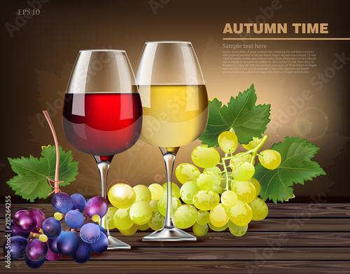 Two glasses of wine and grapes vine Vector realistic