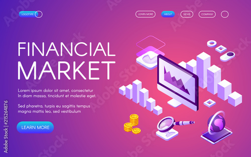 Financial market vector illustration of digital marketing and Bitcoin cryptocurrency trade statistics charts. Isometric infographic data of money profit and income growth on ultraviolet background