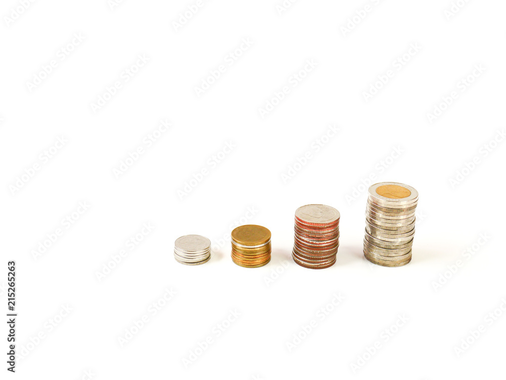 Selective focus saving stack coins isolated on white background with copy space, Business and financial concept. Selective focus saving stack coins isolated on white background with copy space, Business and financial concept.