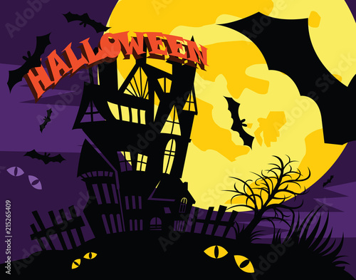 Illustrations for Halloween , The big house has bats flying around.	