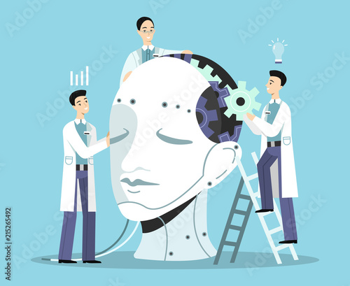 Artificial intelligence vector illustration of scientists men building human head with cogwheels and wires. Digital brain or android robot mind development technology