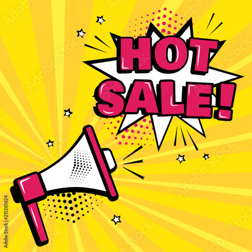 Megaphone and speech bubble with inscription HOT SALE on yellow background in pop art style. Vector illustration