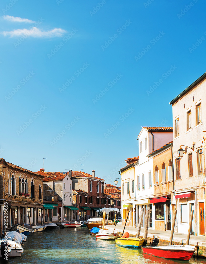 Murano island urban landscape,Italy,27 July 2018,the background panorama of the island of Murano,the canals of the city,the street of Glassblowers,