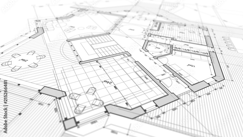 Architecture design: blueprint plan - illustration of a plan modern residential building / technology, industry, business concept illustration: real estate, building, construction, architecture