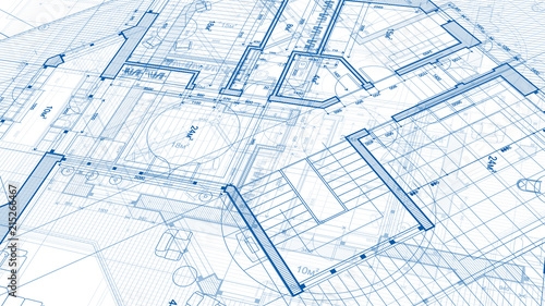 Architecture design: blueprint plan - illustration of a plan modern residential building / technology, industry, business concept illustration: real estate, building, construction, architecture