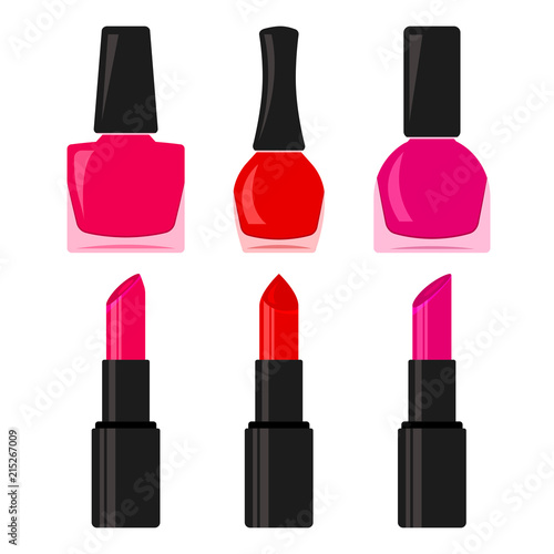 Colorful set of nail polish bottle and lipstick. Vector illustration