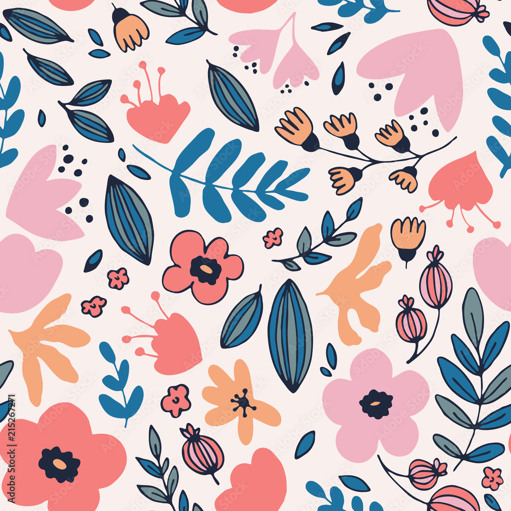 Floral pattern with leaves and fantasy flowers.
