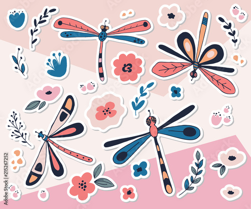Vector stickers with dragonflies, leaves and fantasy flowers.