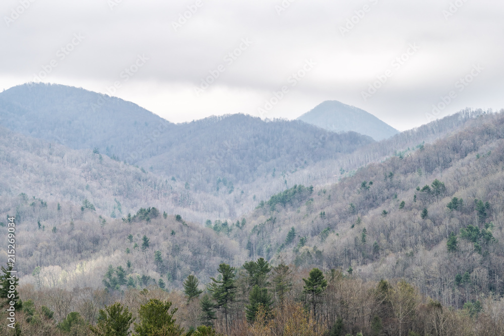 Smoky Mountains near Asheville, North Carolina at Tennessee border at winter, spring, clouds, cloudy overcast sky