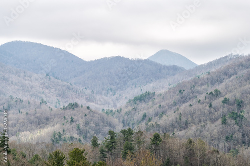 Smoky Mountains near Asheville, North Carolina at Tennessee border at winter, spring, clouds, cloudy overcast sky