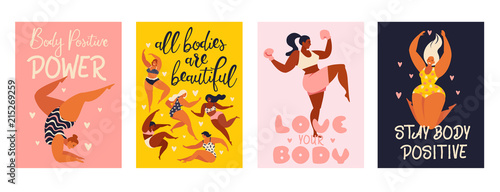 Feminism body positive vertical cards with love to own figure, female freedom, girl power isolated vector illustration.