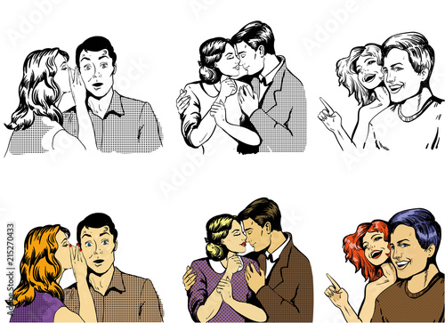 Three couples together whispering, hugging and pointing . Pop art retro comic style vector illustration in black and white halftone and colored variations