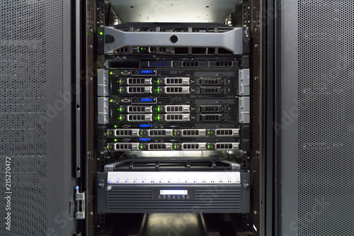 Detail of servers in a rack at a data center photo