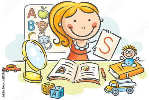 A kids speech therapist with toys, books, letters and a mirror